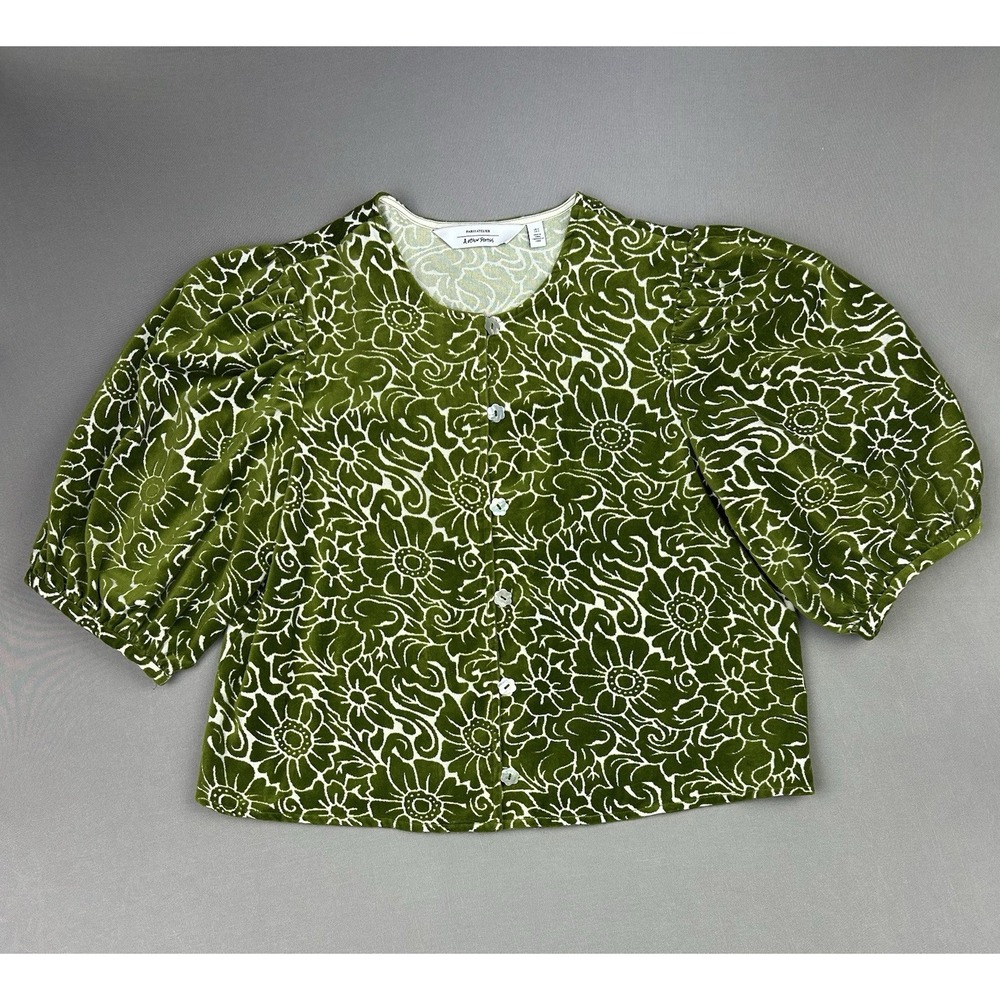 Paris Atelier Women's 4 Floral Shell Button Green Velvet Top Jacket Whimsical